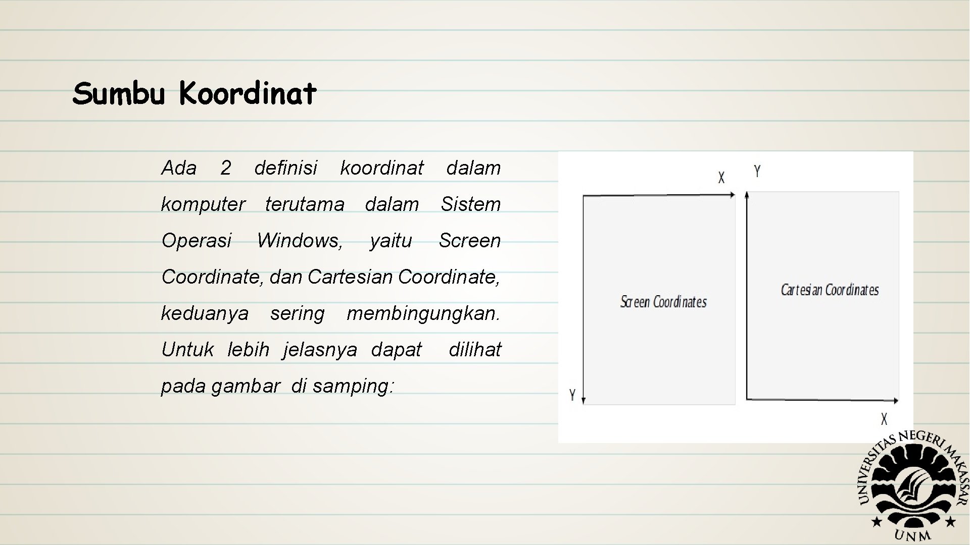 Sumbu Koordinat Ada 2 definisi koordinat dalam komputer terutama dalam Sistem Operasi Windows, yaitu