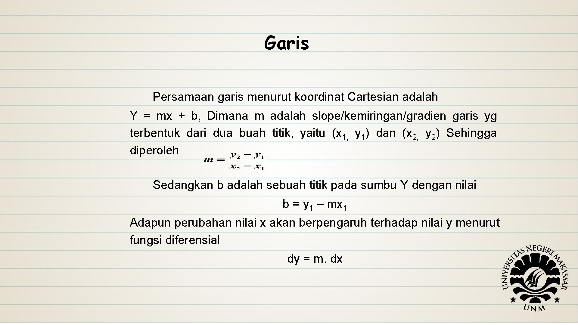 Garis Persamaan garis menurut koordinat Cartesian adalah Y = mx + b, Dimana m