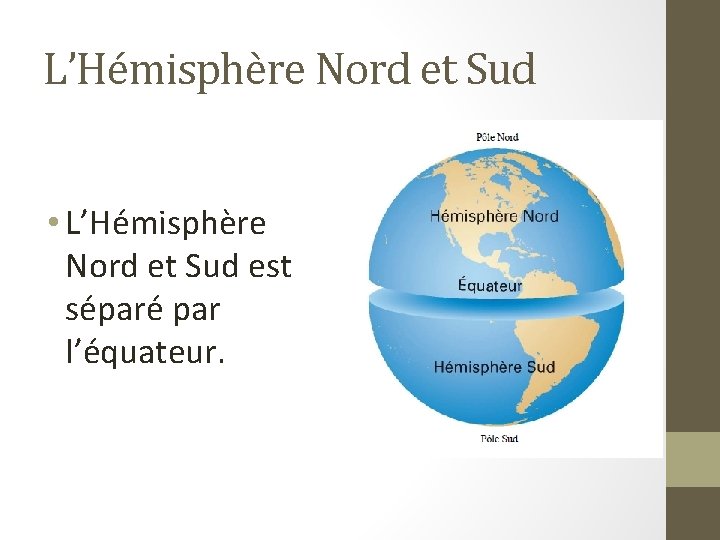 L’Hémisphère Nord et Sud • L’Hémisphère Nord et Sud est séparé par l’équateur. 