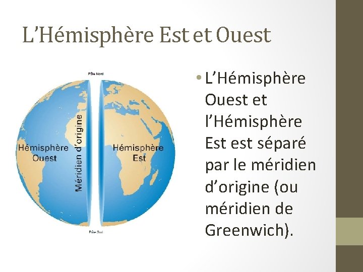 L’Hémisphère Est et Ouest • L’Hémisphère Ouest et l’Hémisphère Est est séparé par le