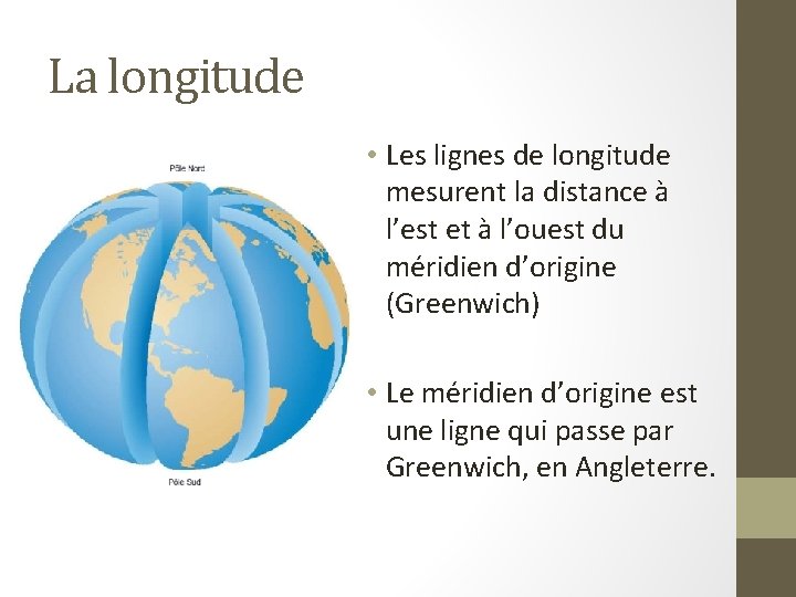 La longitude • Les lignes de longitude mesurent la distance à l’est et à