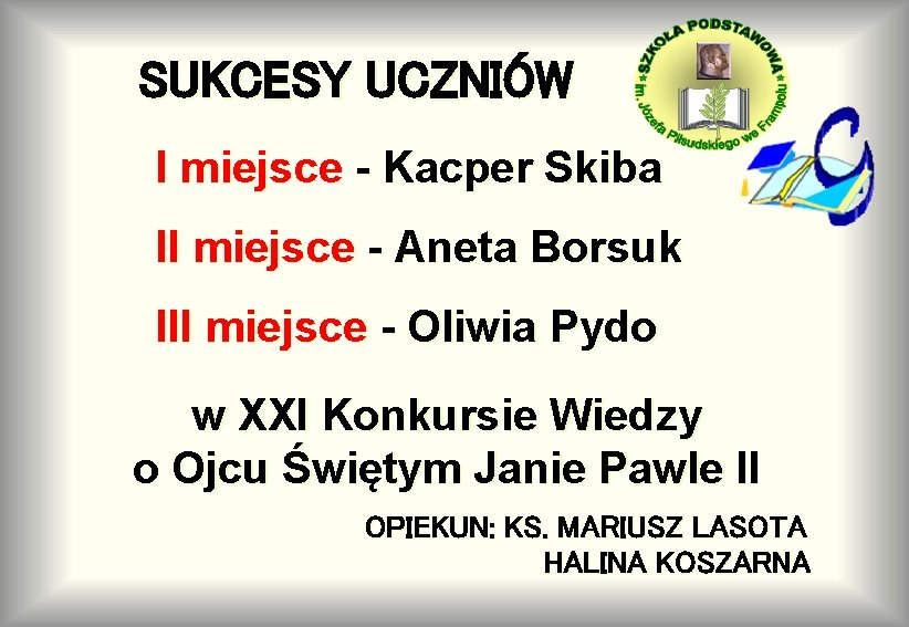 SUKCESY UCZNIÓW I miejsce - Kacper Skiba II miejsce - Aneta Borsuk III miejsce