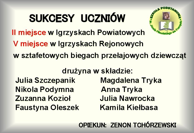 SUKCESY UCZNIÓW II miejsce w Igrzyskach Powiatowych V miejsce w Igrzyskach Rejonowych w sztafetowych