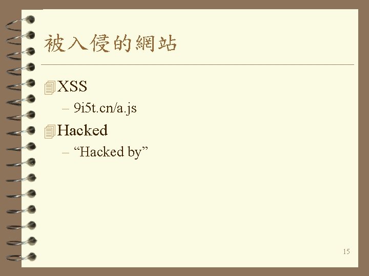 被入侵的網站 4 XSS – 9 i 5 t. cn/a. js 4 Hacked – “Hacked