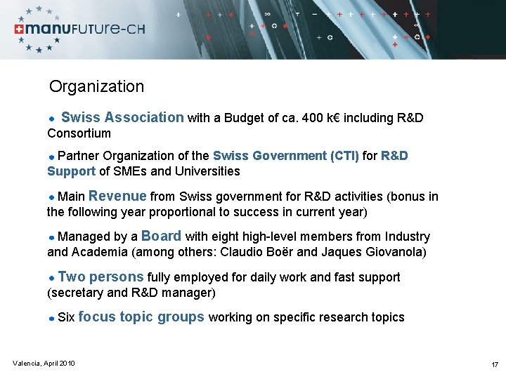 Organization Swiss Association with a Budget of ca. 400 k€ including R&D Consortium Partner