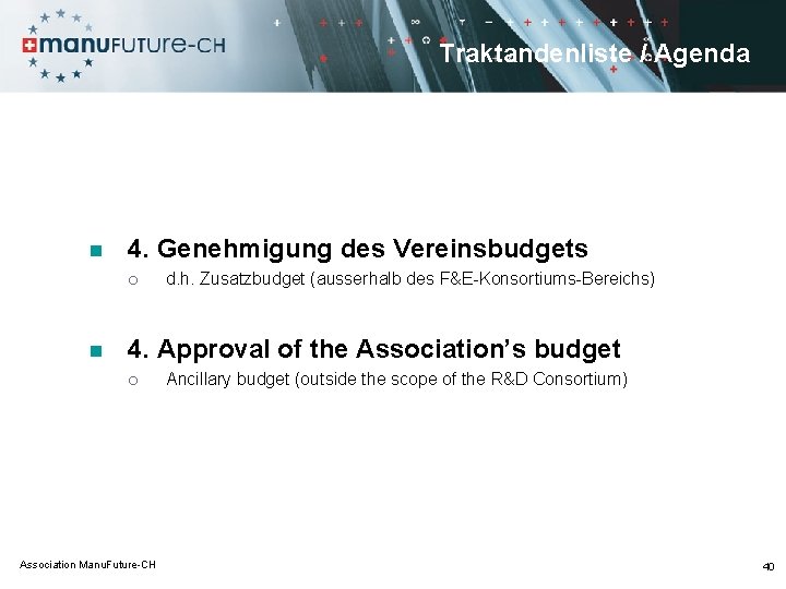 Traktandenliste / Agenda n 4. Genehmigung des Vereinsbudgets ¡ n d. h. Zusatzbudget (ausserhalb