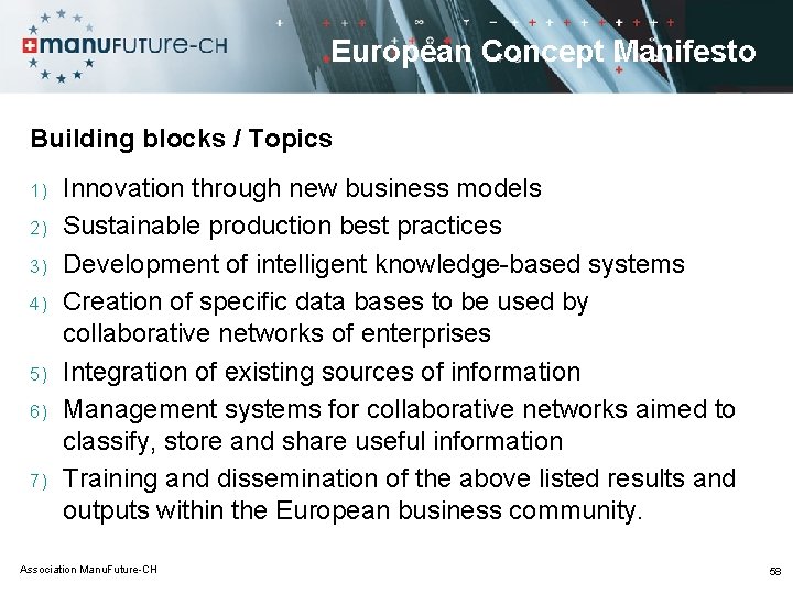 European Concept Manifesto Building blocks / Topics 1) 2) 3) 4) 5) 6) 7)