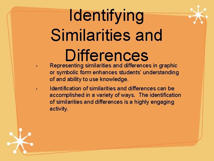 Identifying Similarities and Differences • Representing similarities and differences in graphic or symbolic form