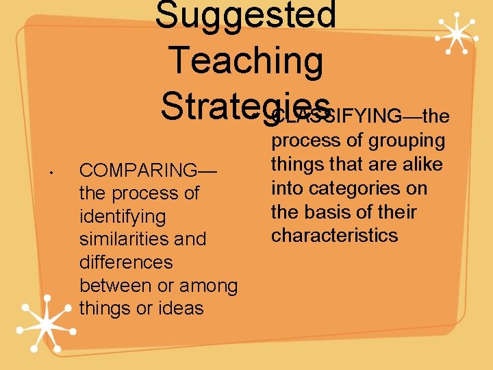 Suggested Teaching Strategies • CLASSIFYING—the • COMPARING— the process of identifying similarities and differences