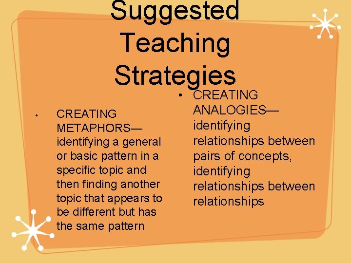 Suggested Teaching Strategies • CREATING METAPHORS— identifying a general or basic pattern in a