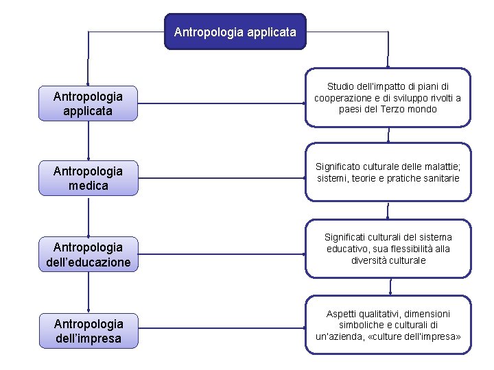 Antropologia applicata Antropologia medica Studio dell’impatto di piani di cooperazione e di sviluppo rivolti