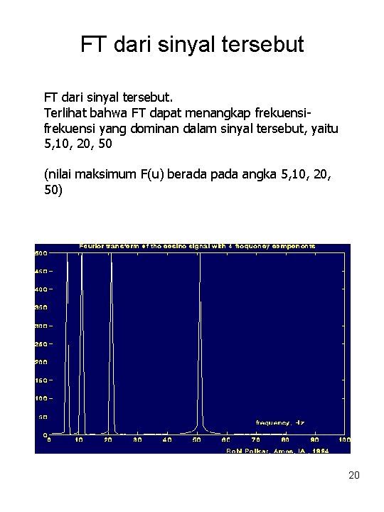 FT dari sinyal tersebut. Terlihat bahwa FT dapat menangkap frekuensi yang dominan dalam sinyal