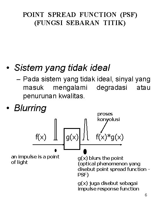 POINT SPREAD FUNCTION (PSF) (FUNGSI SEBARAN TITIK) • Sistem yang tidak ideal – Pada