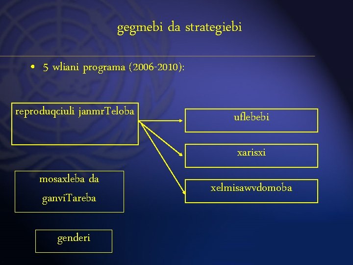 gegmebi da strategiebi • 5 wliani programa (2006 -2010): reproduqciuli janmr. Teloba uflebebi xarisxi