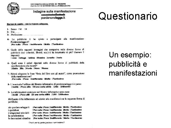 Questionario Un esempio: pubblicità e manifestazioni 