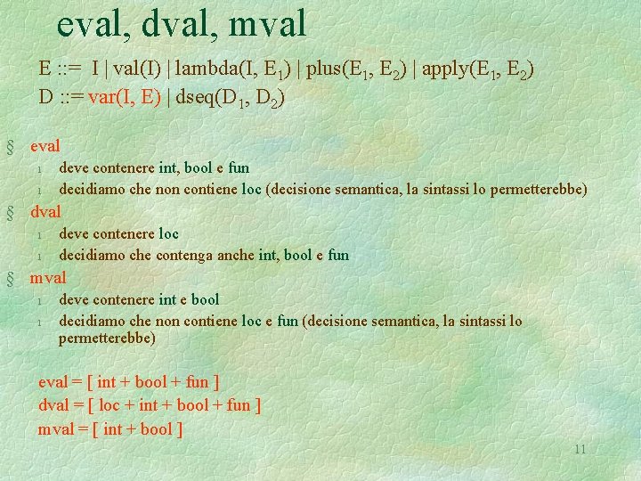 eval, dval, mval E : : = I | val(I) | lambda(I, E 1)