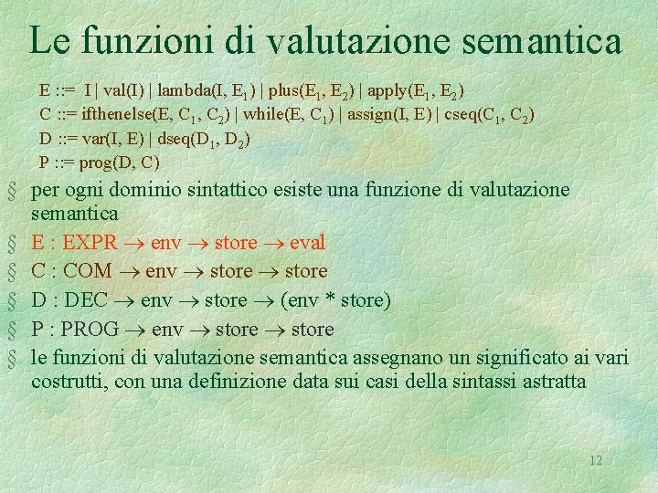 Le funzioni di valutazione semantica E : : = I | val(I) | lambda(I,