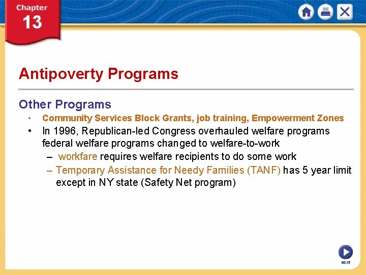 Antipoverty Programs Other Programs • Community Services Block Grants, job training, Empowerment Zones •