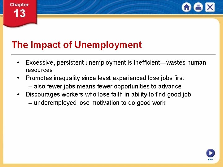 The Impact of Unemployment • Excessive, persistent unemployment is inefficient—wastes human resources • Promotes