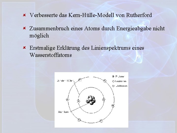 Verbesserte das Kern-Hülle-Modell von Rutherford Zusammenbruch eines Atoms durch Energieabgabe nicht möglich Erstmalige Erklärung