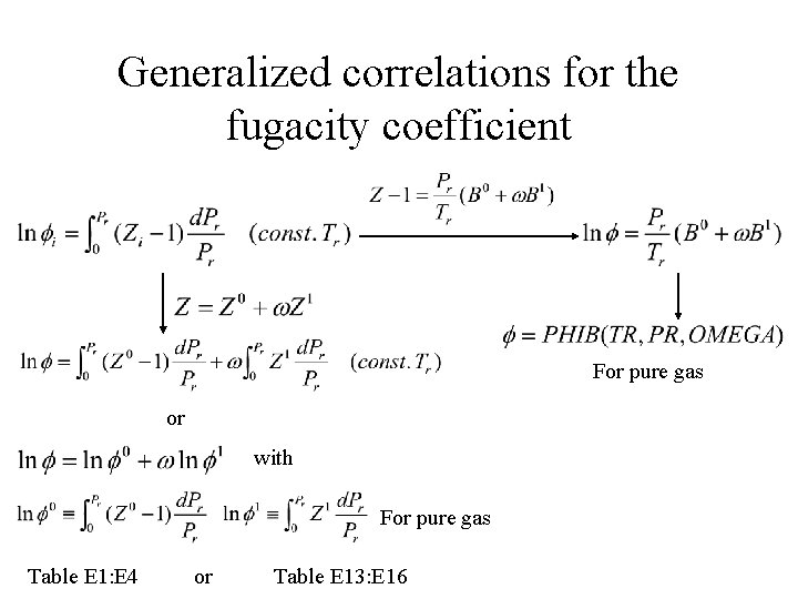 Generalized correlations for the fugacity coefficient For pure gas or with For pure gas