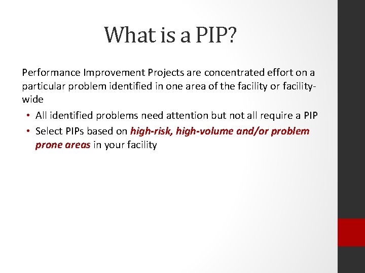 What is a PIP? Performance Improvement Projects are concentrated effort on a particular problem