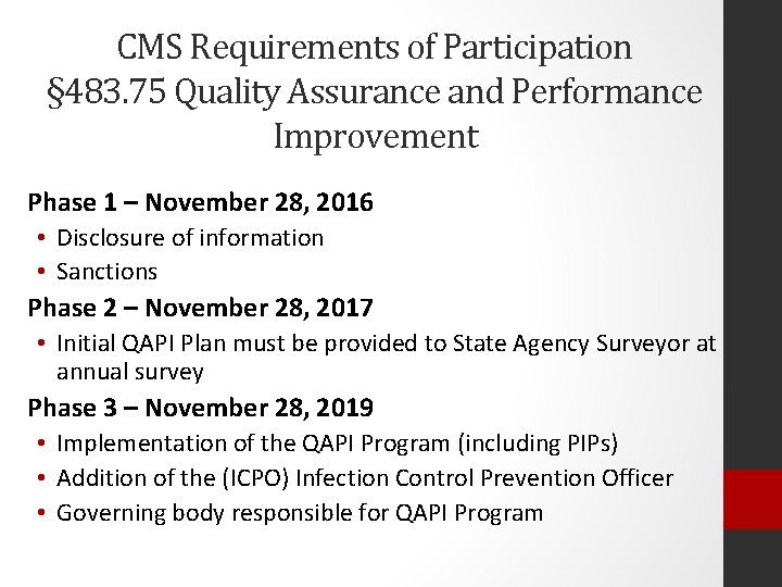 CMS Requirements of Participation § 483. 75 Quality Assurance and Performance Improvement Phase 1