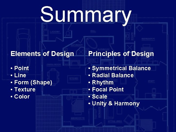 Summary Elements of Design Principles of Design • Point • Line • Form (Shape)