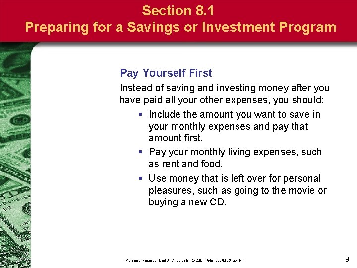 Section 8. 1 Preparing for a Savings or Investment Program Pay Yourself First Instead