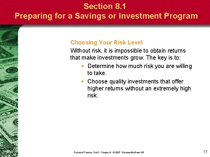 Section 8. 1 Preparing for a Savings or Investment Program Choosing Your Risk Level