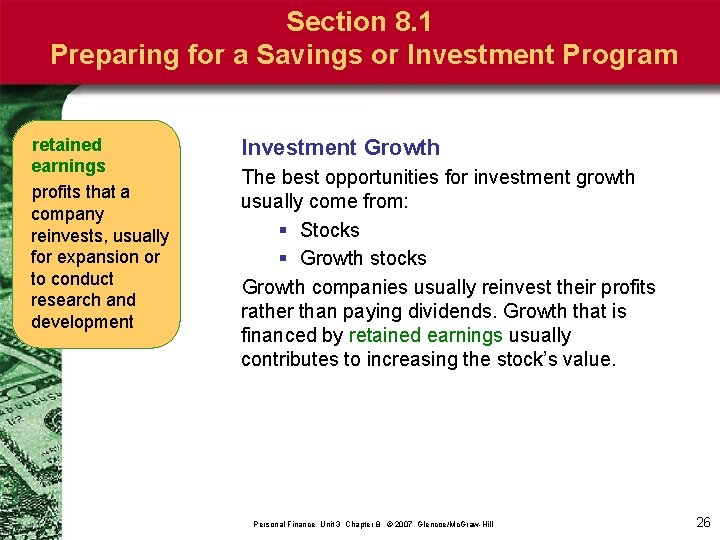 Section 8. 1 Preparing for a Savings or Investment Program retained earnings profits that