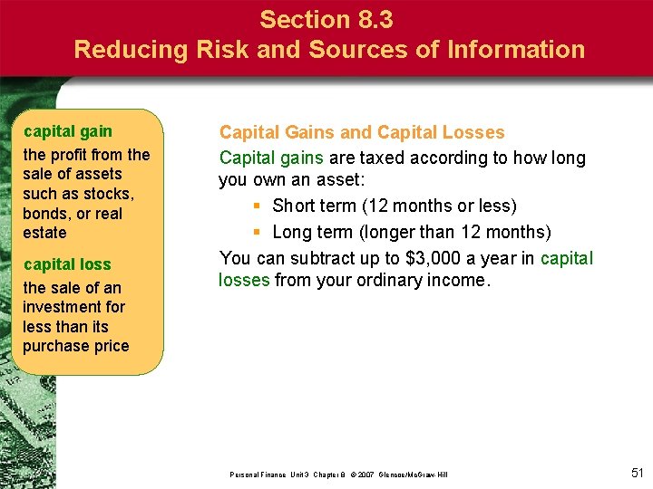 Section 8. 3 Reducing Risk and Sources of Information capital gain the profit from