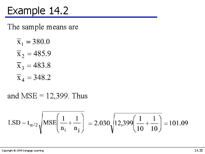 Example 14. 2 The sample means are and MSE = 12, 399. Thus Copyright