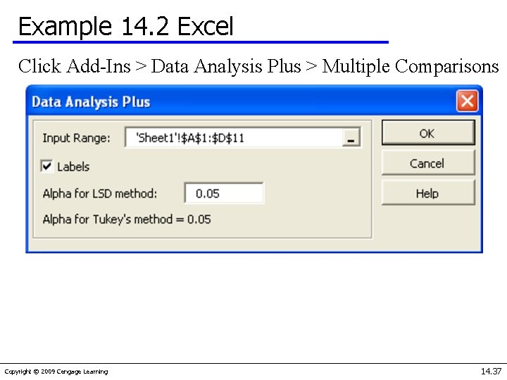 Example 14. 2 Excel Click Add-Ins > Data Analysis Plus > Multiple Comparisons Copyright