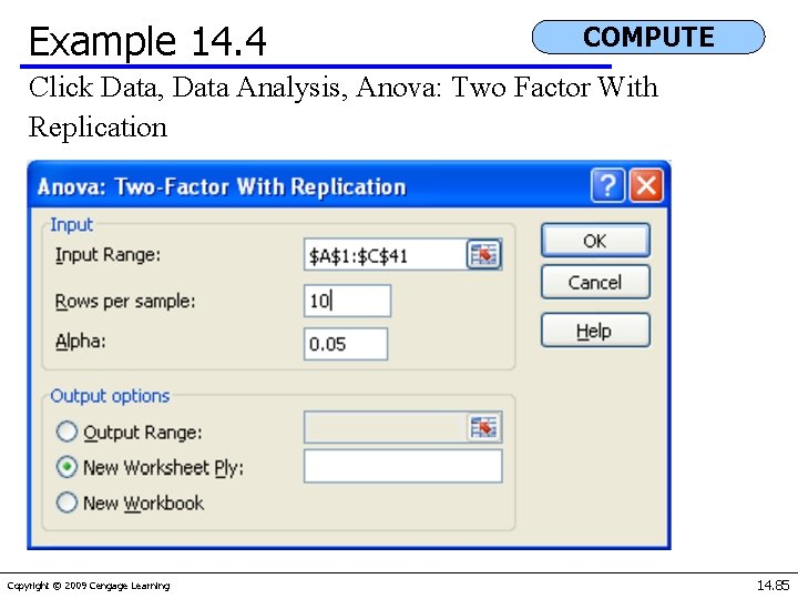 Example 14. 4 COMPUTE Click Data, Data Analysis, Anova: Two Factor With Replication Copyright