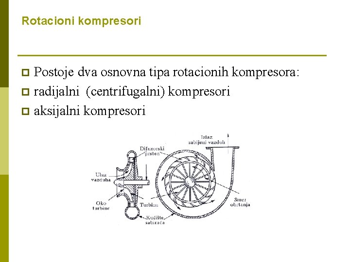 Rotacioni kompresori Postoje dva osnovna tipa rotacionih kompresora: p radijalni (centrifugalni) kompresori p aksijalni Rotacioni kompresori Postoje dva osnovna tipa rotacionih kompresora: p radijalni (centrifugalni) kompresori p aksijalni
