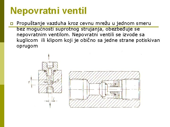 Nepovratni ventil p Propuštanje vazduha kroz cevnu mrežu u jednom smeru bez mogućnosti suprotnog Nepovratni ventil p Propuštanje vazduha kroz cevnu mrežu u jednom smeru bez mogućnosti suprotnog