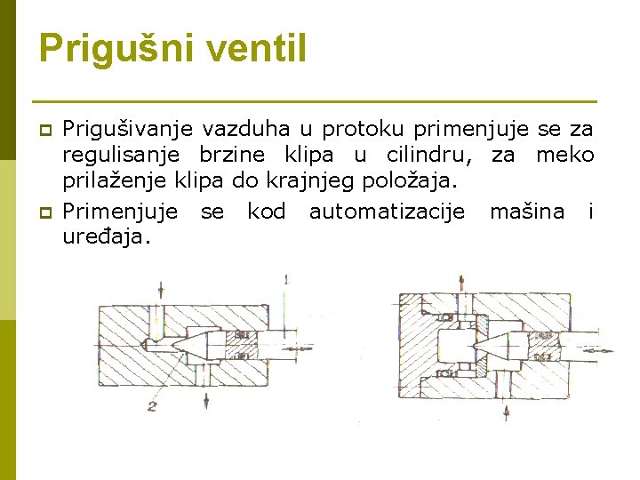 Prigušni ventil p p Prigušivanje vazduha u protoku primenjuje se za regulisanje brzine klipa Prigušni ventil p p Prigušivanje vazduha u protoku primenjuje se za regulisanje brzine klipa