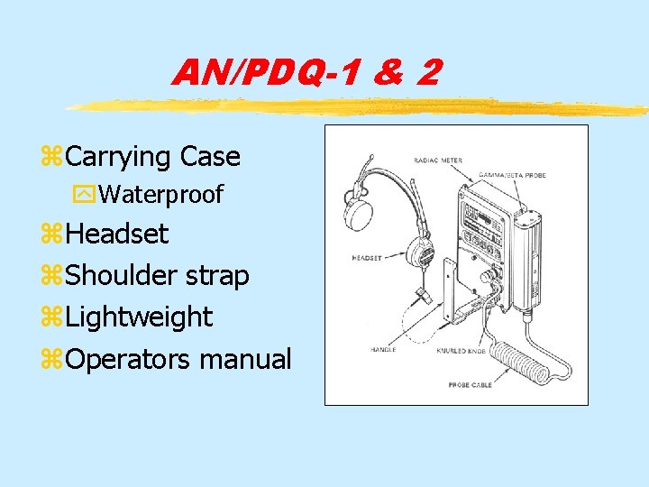 AN/PDQ-1 & 2 z. Carrying Case y. Waterproof z. Headset z. Shoulder strap z.