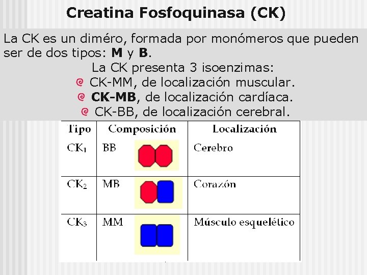 Creatina Fosfoquinasa (CK) La CK es un diméro, formada por monómeros que pueden ser