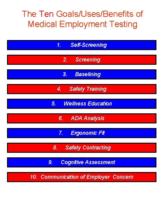 The Ten Goals/Uses/Benefits of Medical Employment Testing 1. Self-Screening 2. Screening 3. Baselining 4.