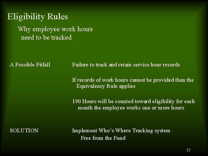 Eligibility Rules Why employee work hours need to be tracked A Possible Pitfall Failure