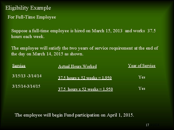 Eligibility Example For Full-Time Employee Suppose a full-time employee is hired on March 15,