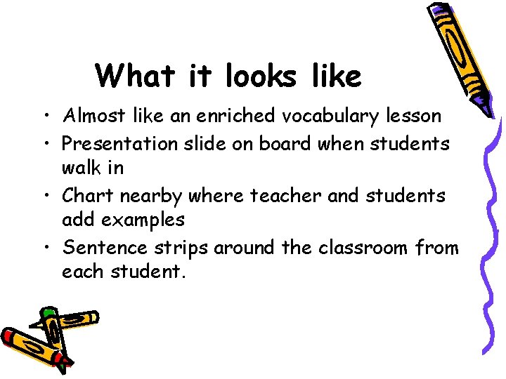 What it looks like • Almost like an enriched vocabulary lesson • Presentation slide