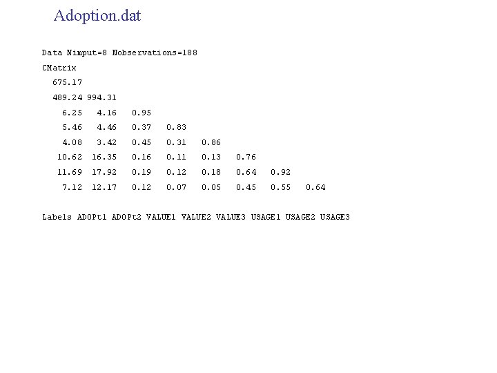 Adoption. dat Data Nimput=8 Nobservations=188 CMatrix 675. 17 489. 24 994. 31 6. 25