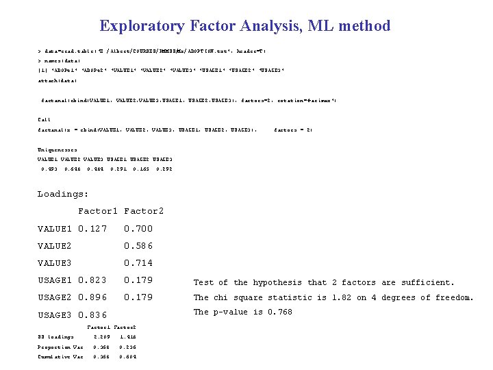 Exploratory Factor Analysis, ML method > data=read. table("E: /Albert/COURSES/RMMSS/Mx/ADOPTION. txt", header=T) > names(data) [1]