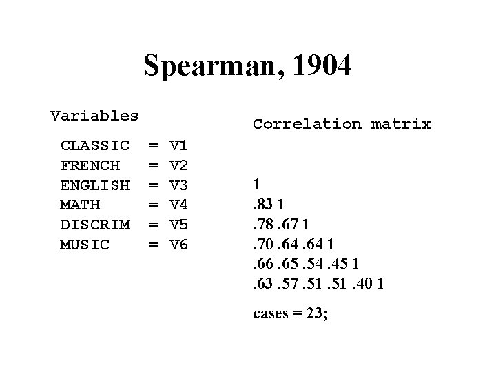 Spearman, 1904 Variables Correlation matrix CLASSIC FRENCH ENGLISH MATH DISCRIM MUSIC = = =