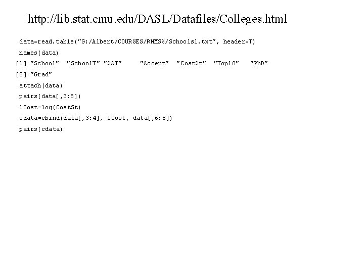 http: //lib. stat. cmu. edu/DASL/Datafiles/Colleges. html data=read. table("G: /Albert/COURSES/RMMSS/Schools 1. txt", header=T) names(data) [1]
