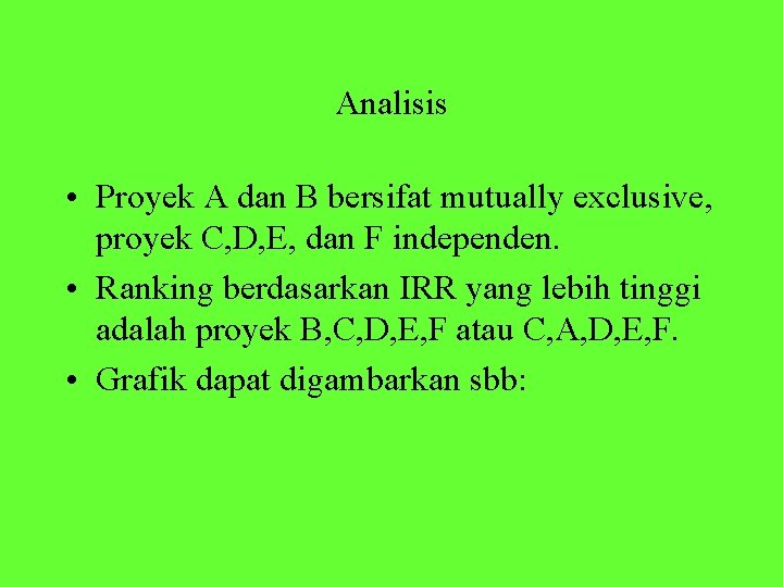 Analisis • Proyek A dan B bersifat mutually exclusive, proyek C, D, E, dan