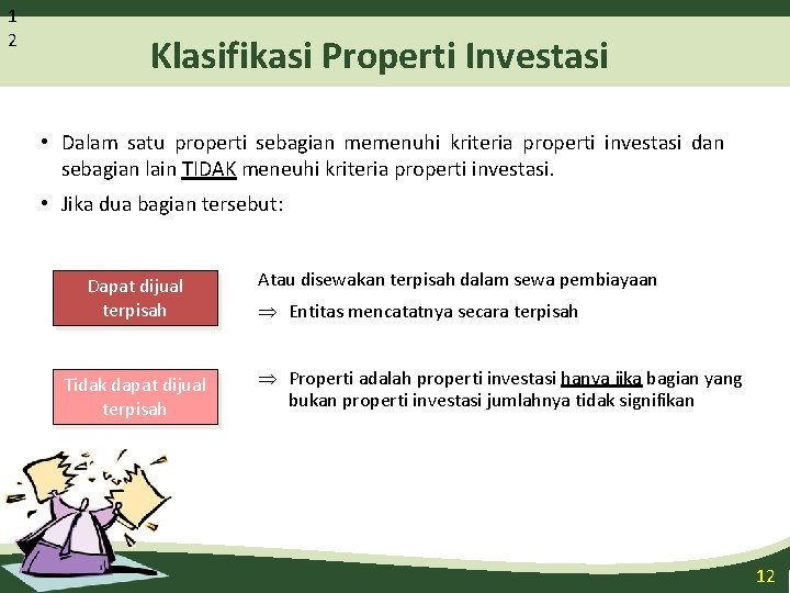 1 2 Klasifikasi Properti Investasi • Dalam satu properti sebagian memenuhi kriteria properti investasi